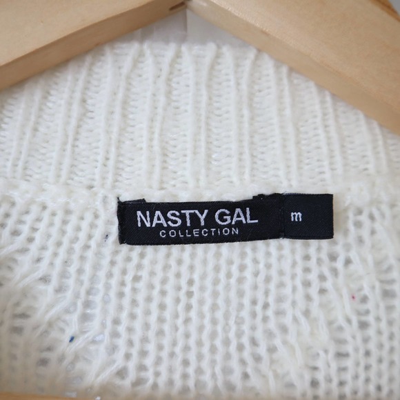 Nasty Gal Ivory Pom Pom Balloon Sleeve Mock Neck Sweater Size Medium - Picture 5 of 6